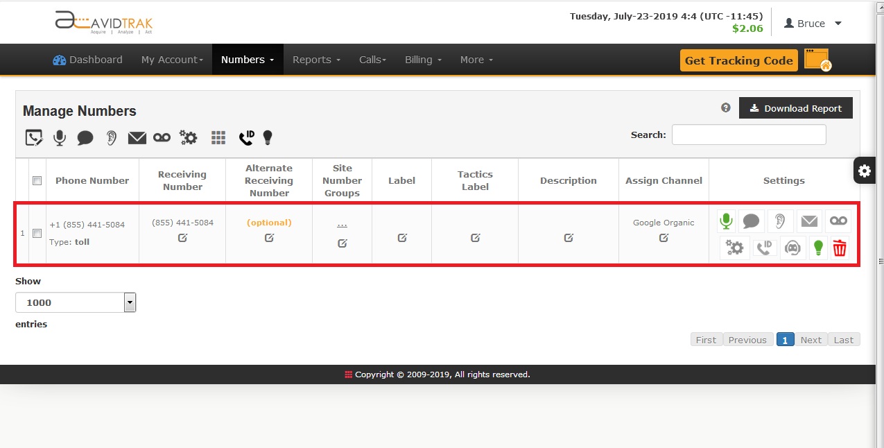 AvidTrak Phone Number Assignment Screen