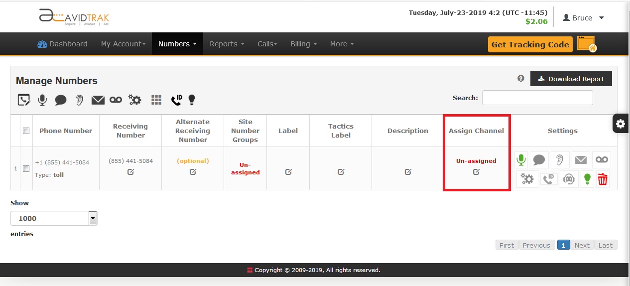 AvidTrak Phone Number Assignment Screen