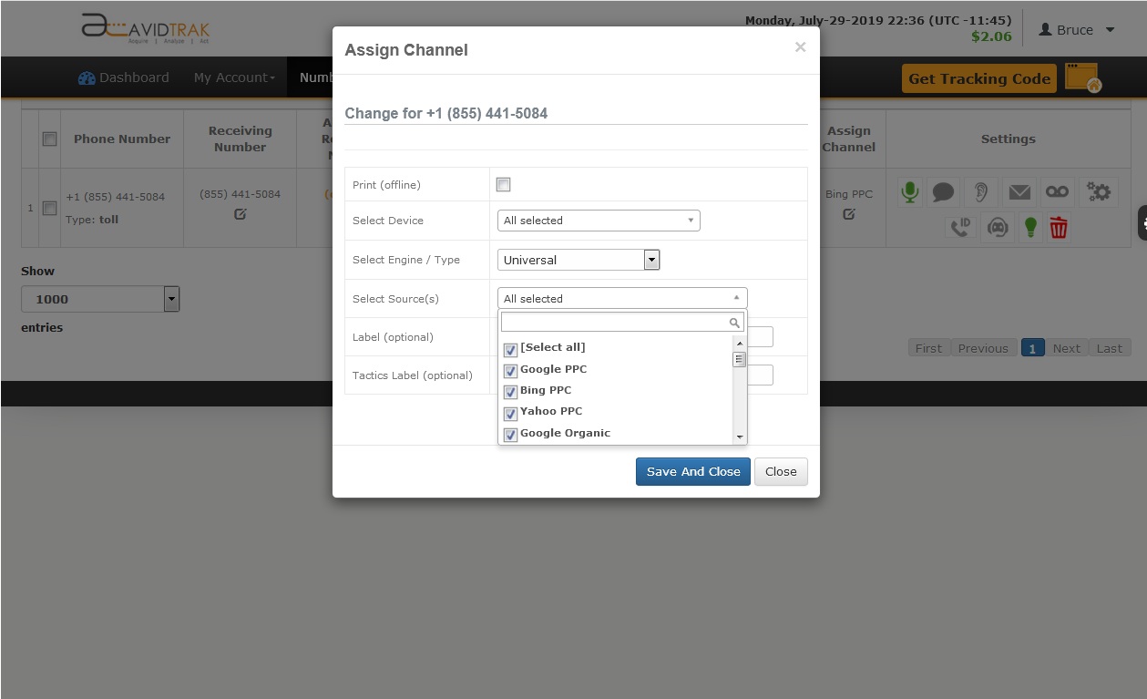 Assign Marketing channels to call tracking numbers 20