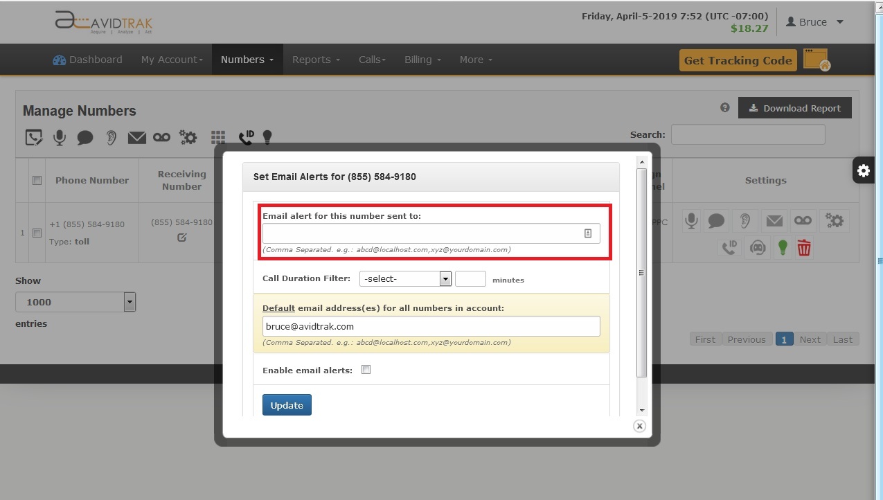 AvidTrak Static/Lite Number Emailing Call Recording Settings