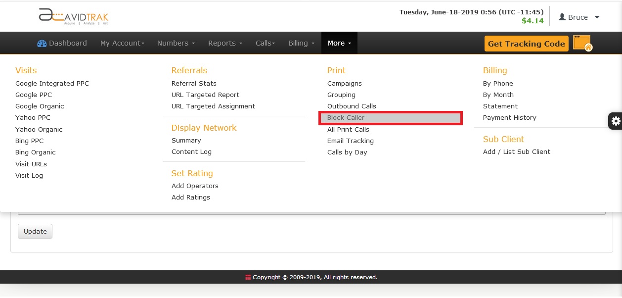 Accessing Call Blocking Feature in AvidTrak Lite Account