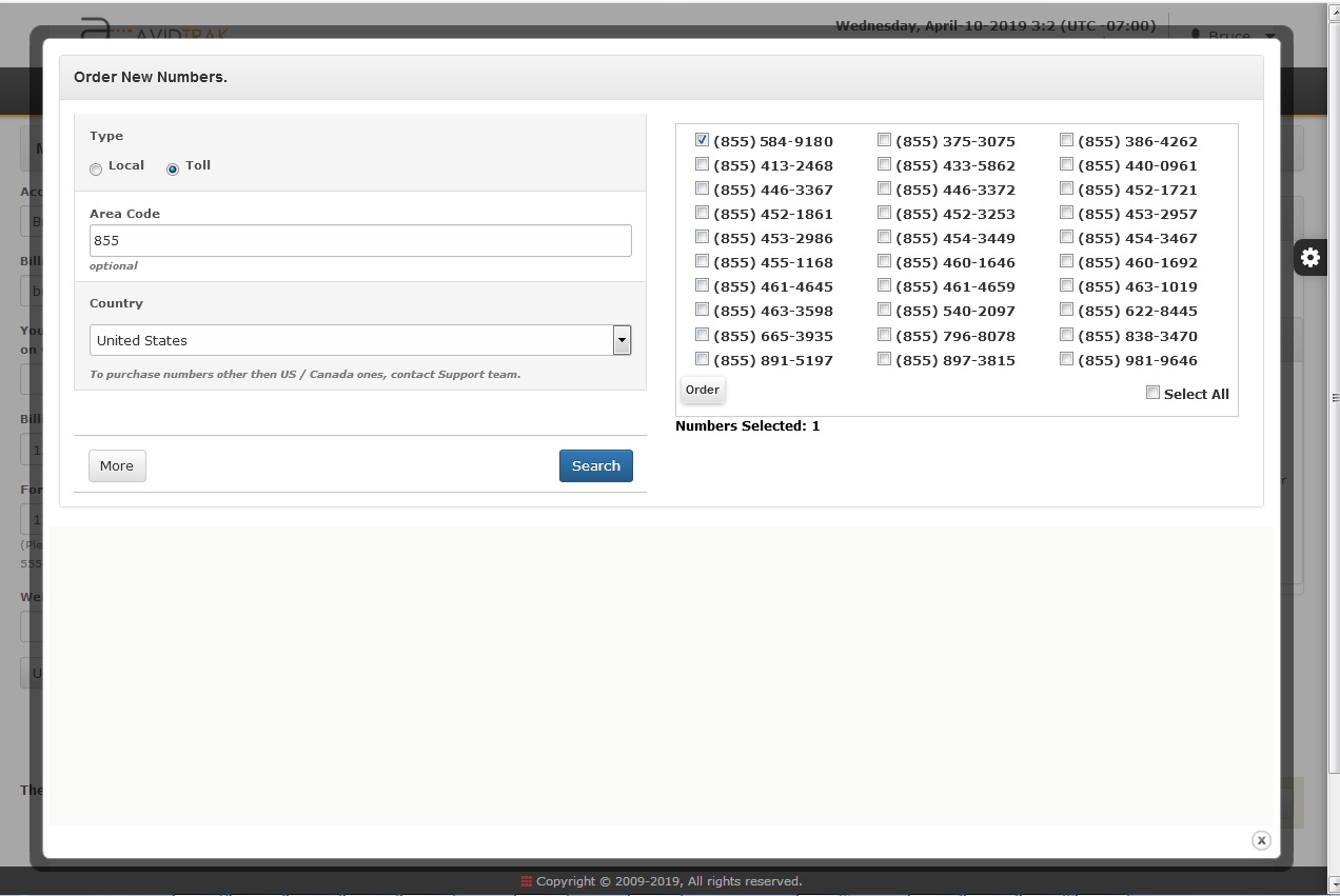 AvidTrak User Interface Lite/Static Number Country Selection