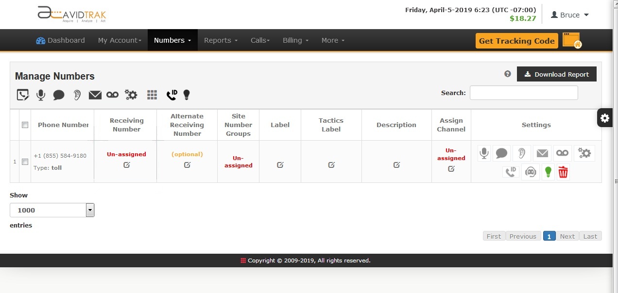 AvidTrak User Interface Lite/Static Number Country and local area code Selection