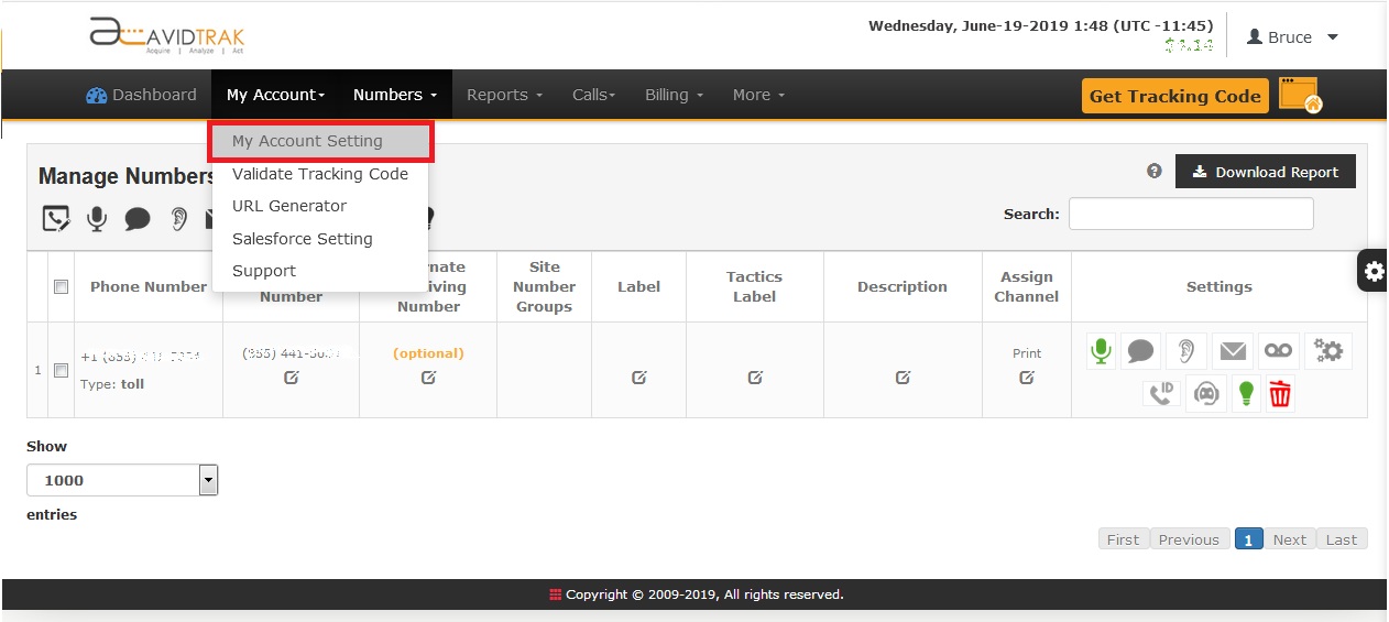 Accessing My Account Settings within AvidTrak Pro Call Tracking Platform