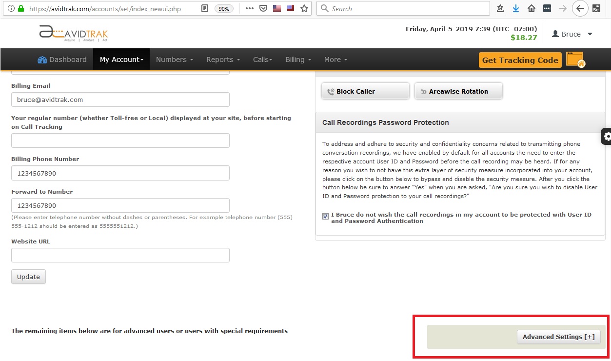 Screenshot ofof AvidTrak Pro User Account Advanced Settings Access Button