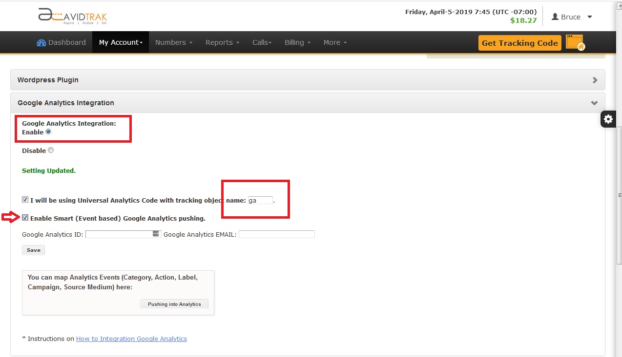 Screenshot of AvidTrak Pro User Account Setting allowing Integration with Google Analytics