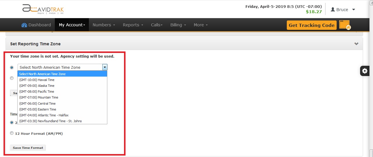 Screenshot of AvidTrak Pro Account Set Reporting Time Zones for Call Tracking Account
