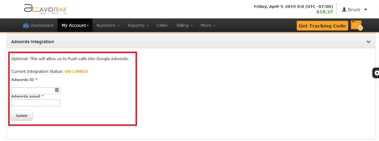 Screenshot of AvidTrak Pro Account Setup Integration of data of your Adwords Account with your AvidTrak Pro Call Tracking Account