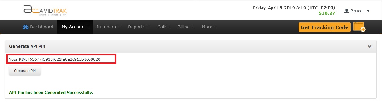 Screenshot of AvidTrak Pro Account API Generate PIN Code AvidTrak Pro Call Tracking Account